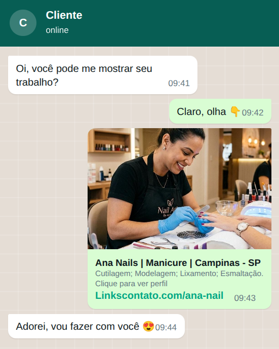 Conversa no WhatsApp com o link do perfil